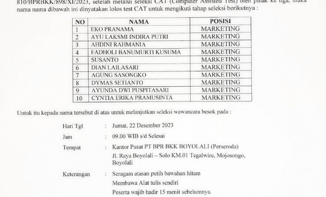 Pengumuman CAT penerimaan Calon Pegawai PT BPR BKK BOYOLALI (PERSERODA) Tahun 2023